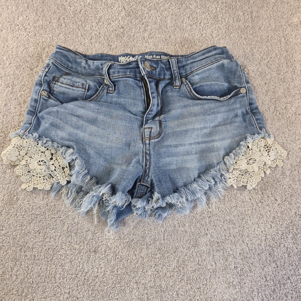 Mossimo High Rise Shorts Womens Size 6/28 Blue Button Fly Pockets Lace Stretch